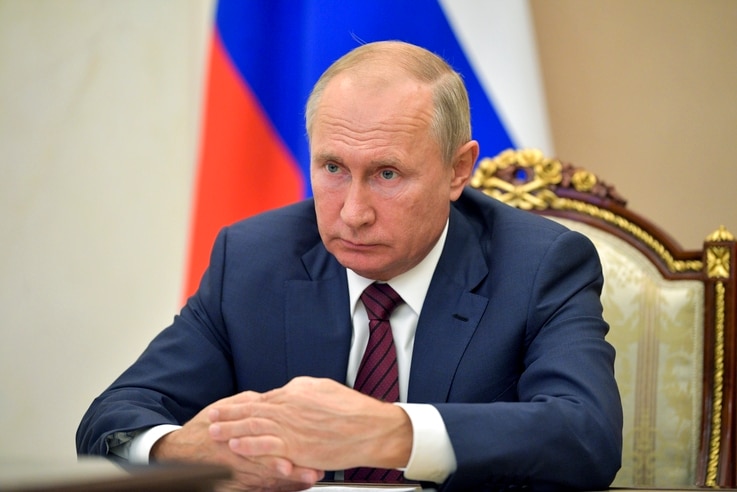 Russian President Vladimir Putin attends a meeting via video conference in Moscow, Russia, Thursday, Nov. 5, 2020. (Alexei…