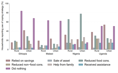 Figure 2. Percentage of households reporting use of coping strategy, by country and rural/urban residence (Source: World Bank)