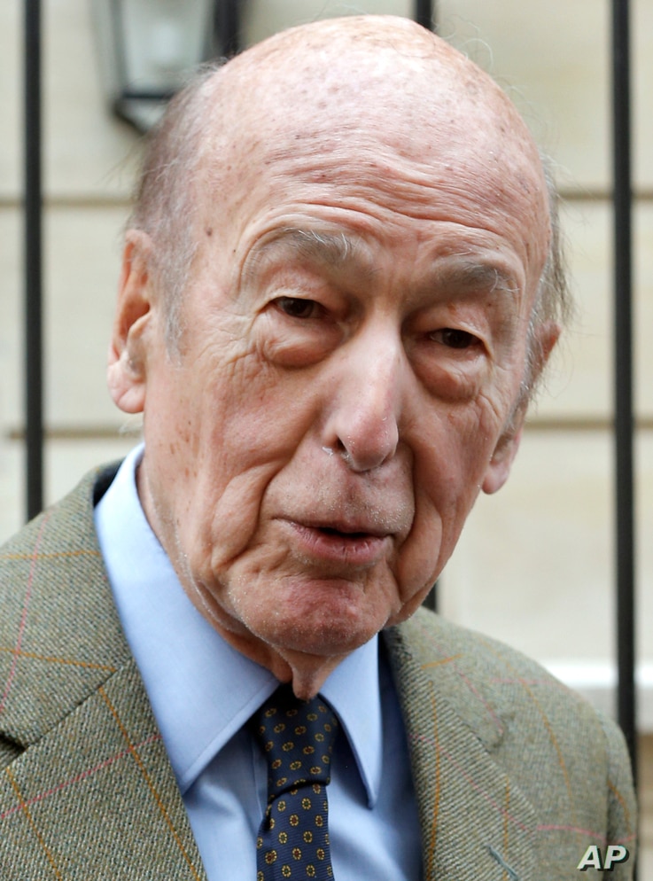 FILE - In this April 8, 2013 file photo, French former President Valery Giscard d'Estaing speaks to the media in Paris. Valery…